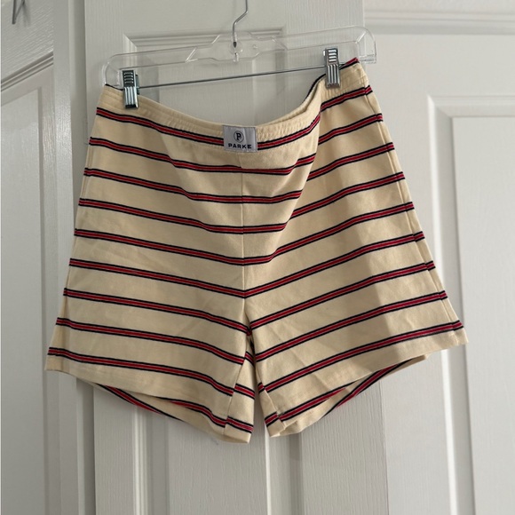 Parke Pants - Parker Women's Athletic Shorts in Cream with Black and Red Stripes